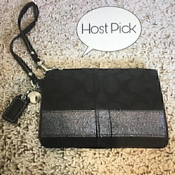 Coach black sparkle signature stripe wristlet - Picture 1 of 16